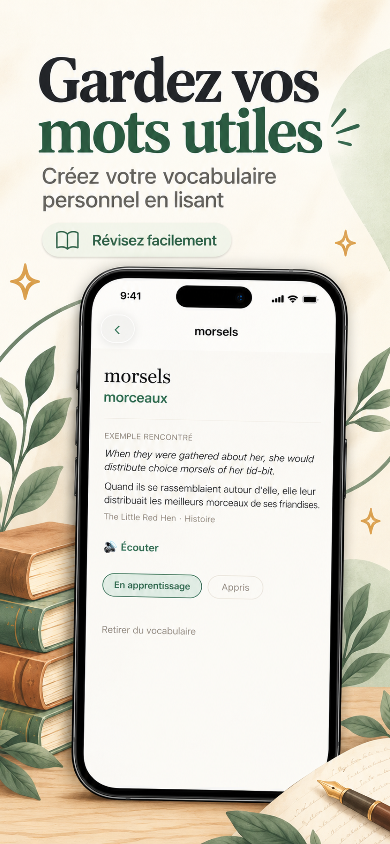 Fiche de vocabulaire avec traduction et exemple