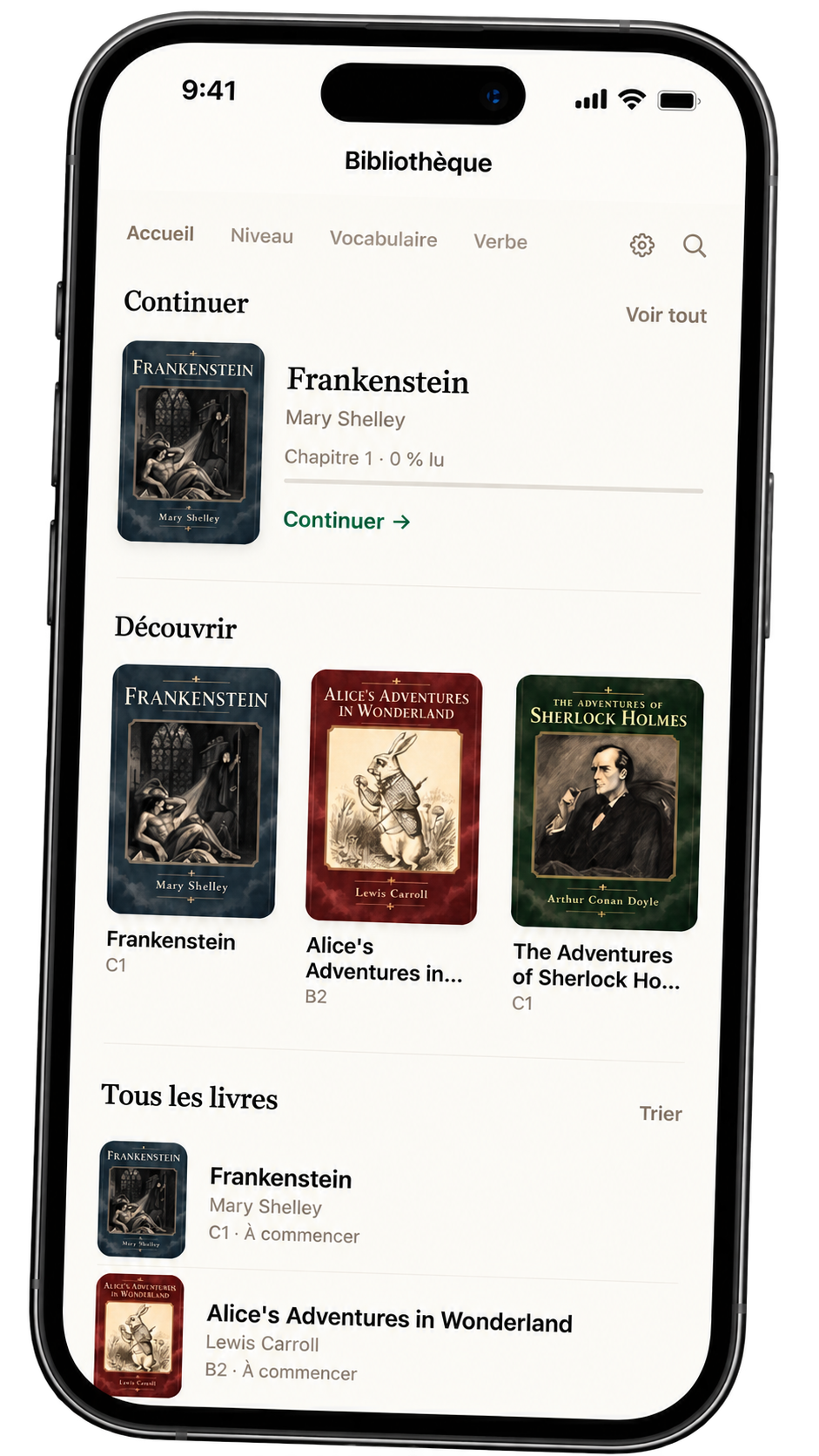 Bibliothèque interactive de l'application Livres en anglais affichée sur iPhone